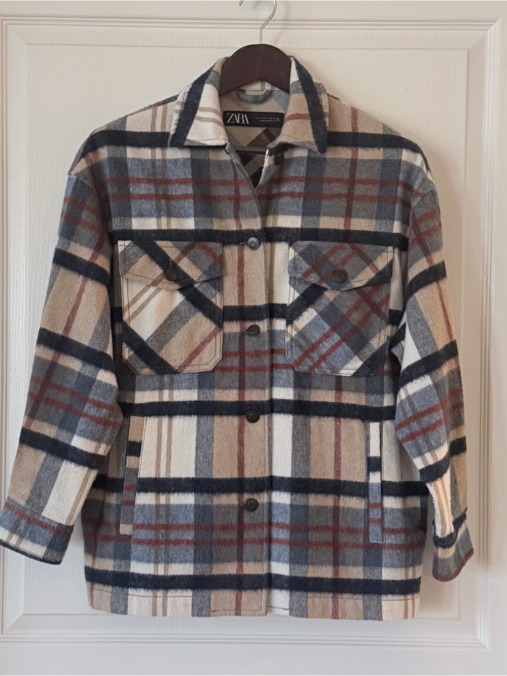 Zara Plaid Wool-Blend Shacket in Cream, Navy & Gray with Rust Accents